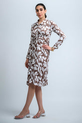 Brown-White Poly Crepe Point Collar Cuff Sleeve Floral Print Knee Length Dress
